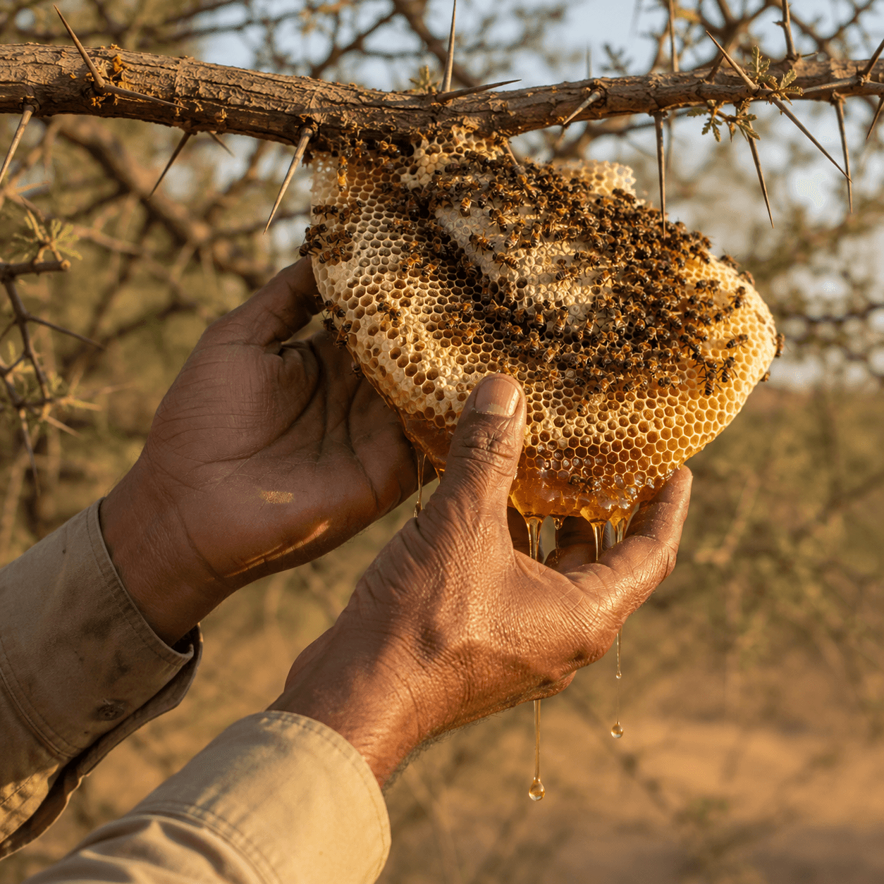 Hands lifting wild comb with honey visible