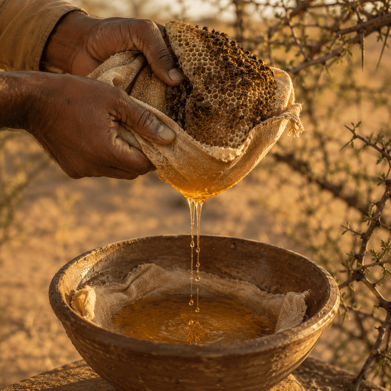 Honey being strained through cloth at the family table